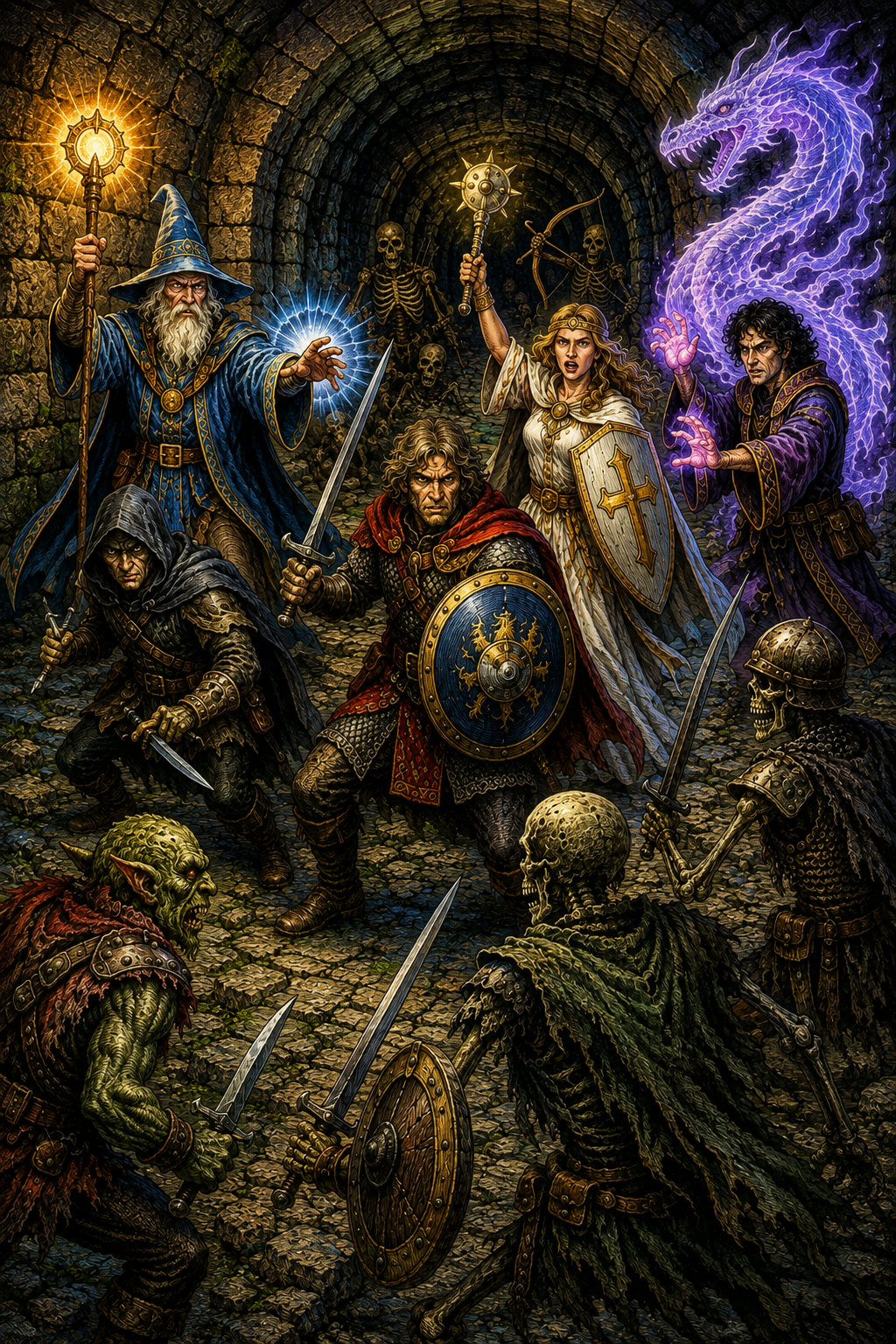 An adventuring party of a wizard, cleric, warrior, rogue and sorcerer fighting skeletons and a goblin in a torchlit dungeon corridor