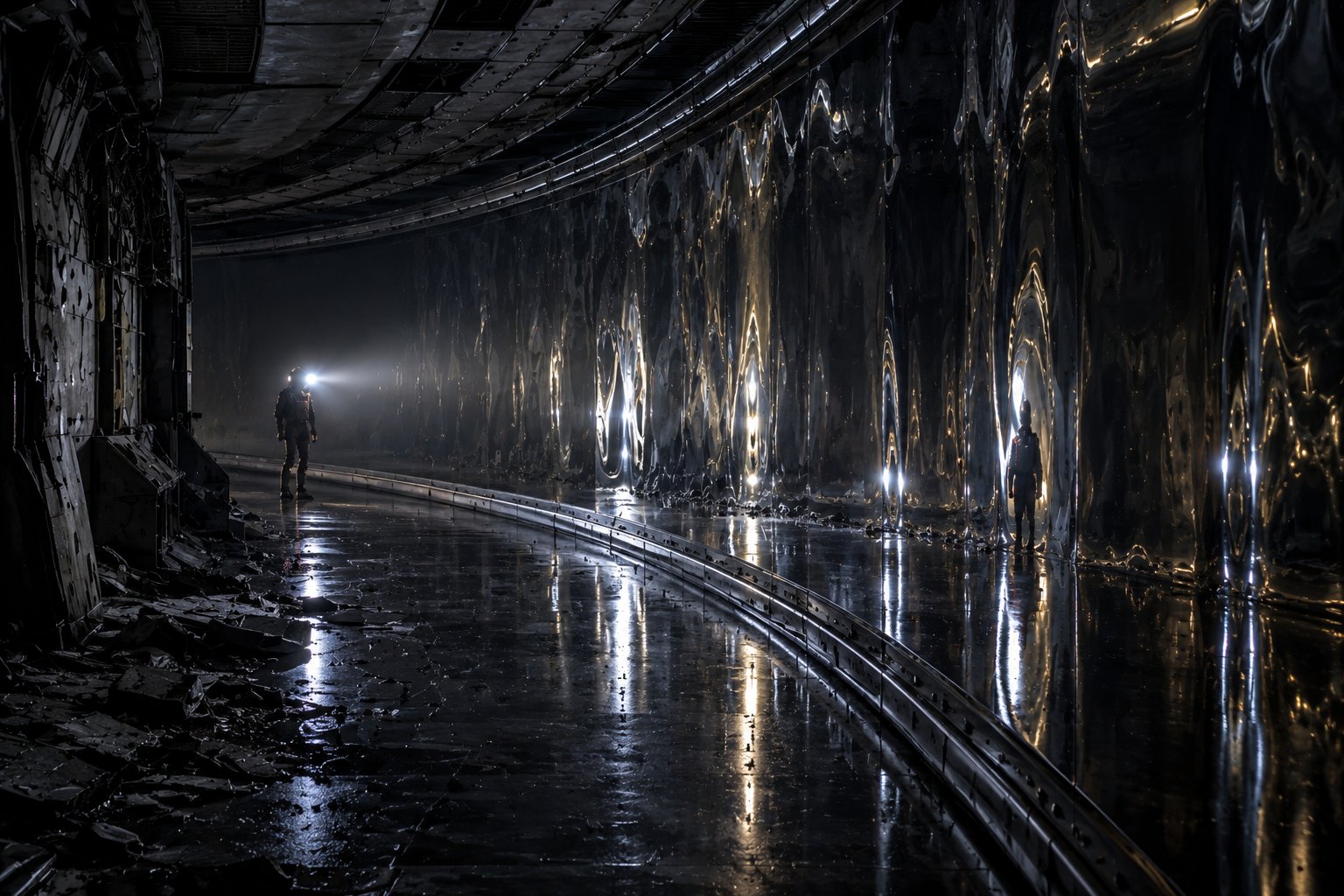 A lone figure with a helmet light moving through a long curved hallway with dark reflective walls