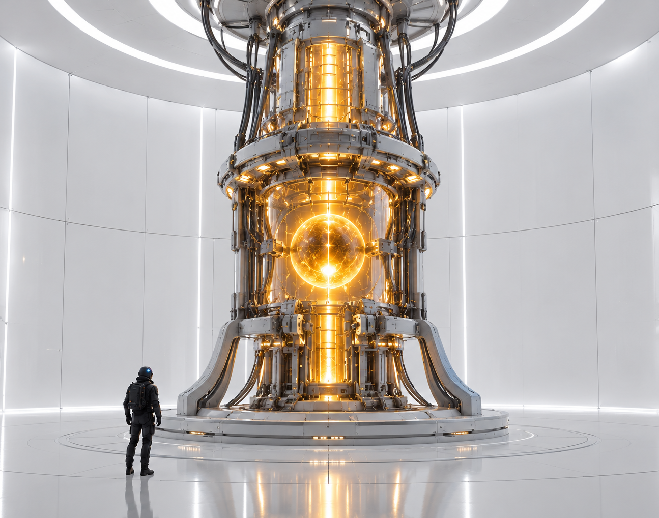 A lone astronaut standing before a massive glowing machine in a vast white circular chamber