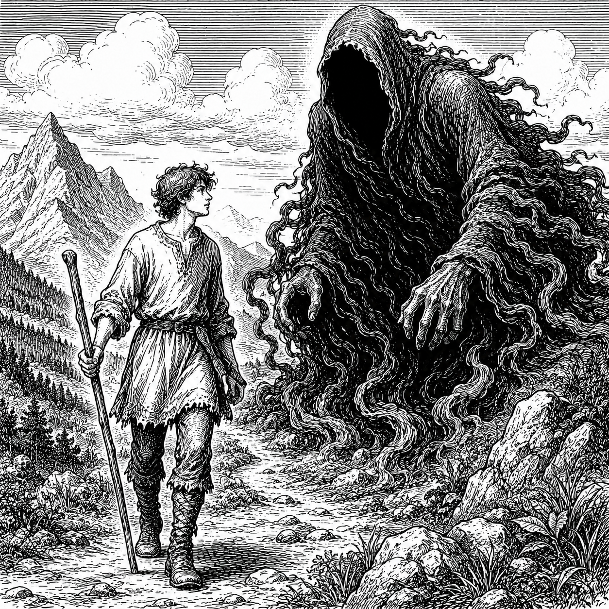 A young traveler with a walking staff facing a towering hooded figure of smoke and shadow on a mountain path