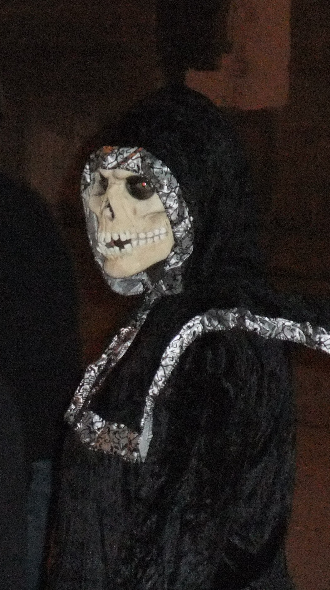 A performer in a skull mask and hooded black robe at The Edge of Hell