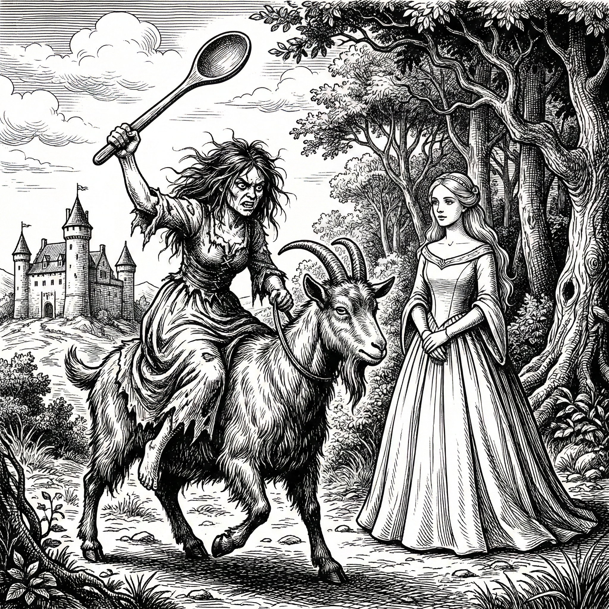 Tatterhood — the original folktale heroine on her goat, spoon raised