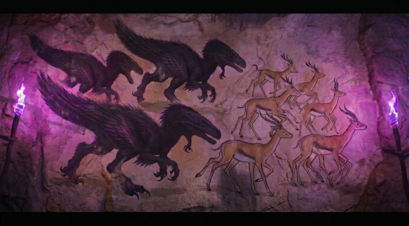 A mural showing velokai hunting a herd of hexlings, lit by torchlight