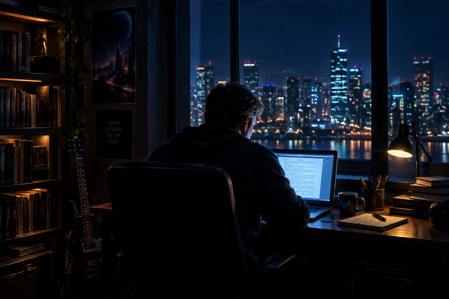 A writer working alone at a laptop in a dark room, city lights glowing through the window behind him