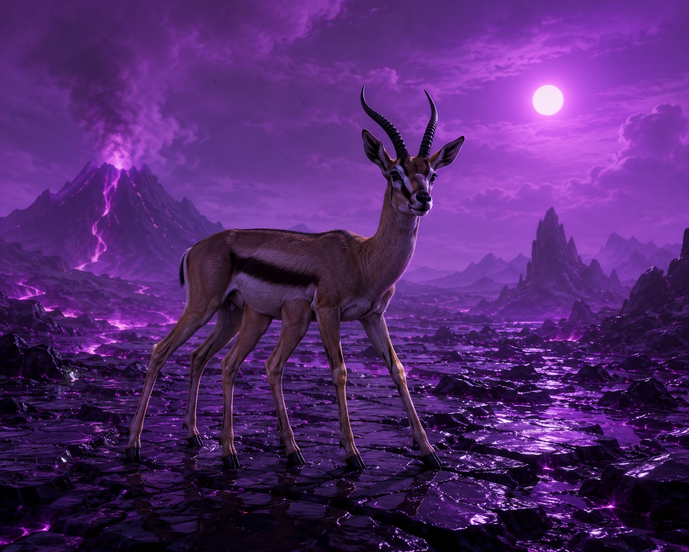 A six-legged grazing animal standing on a purple volcanic plain beneath a violet sun