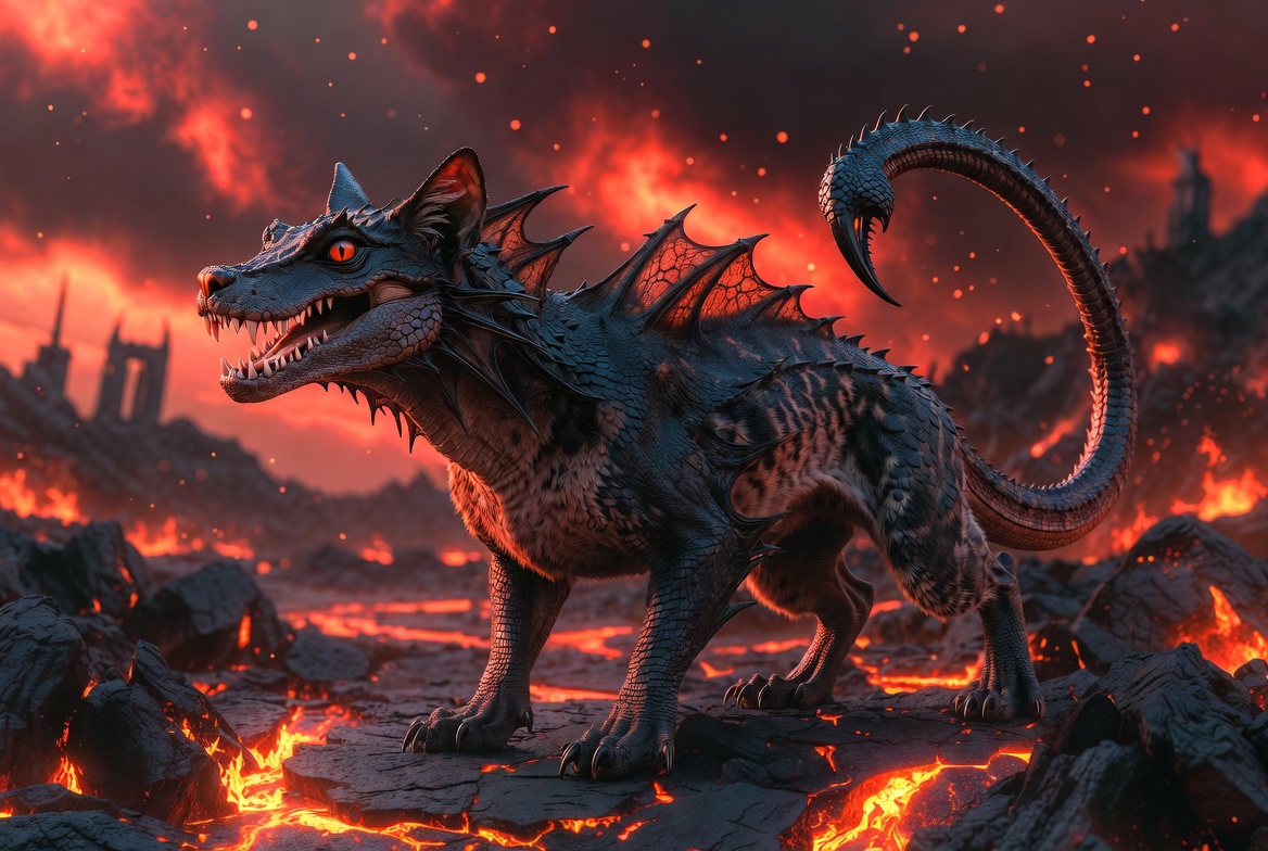 An armored, cat-sized creature with a curved venomous tail standing in a field of glowing lava