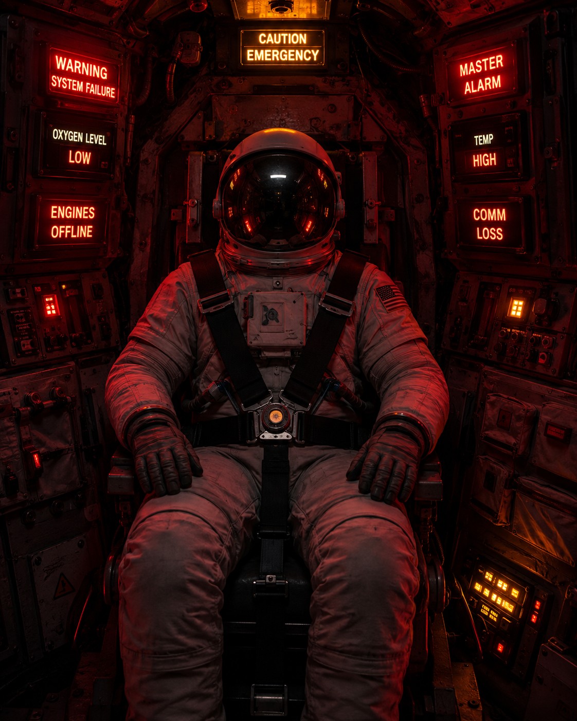 Shaden strapped into the cockpit as red and yellow emergency alarms flash around him on arrival