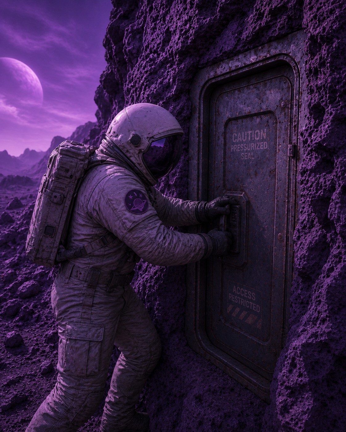 Shaden at the breached door leading into the buried chamber