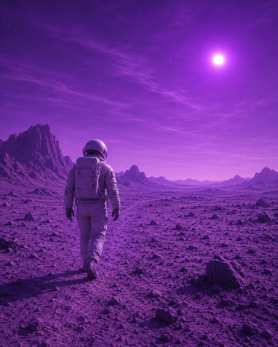 Shaden walking alone across the violet plain of an alien world