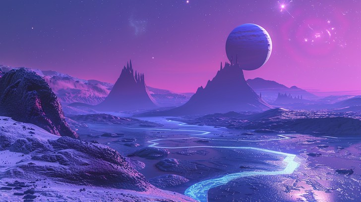 An alien world — violet skies, frozen plains, distant moons